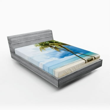 Ambesonne Hawaii Fitted Sheet, Beach Palm Trees Rock, Full Size, Green Blue