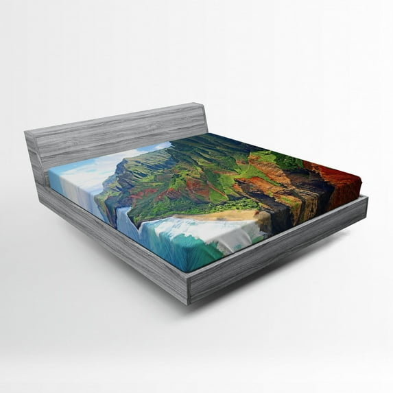 Ambesonne Hawaii Fitted Sheet, Na Pali Coast Kauai Sea, Queen Size, Green Redwood Blue