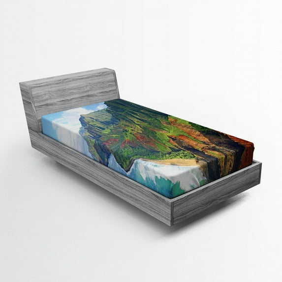 Ambesonne Hawaii Fitted Sheet, Na Pali Coast Kauai Sea, Twin Size, Green Redwood Blue