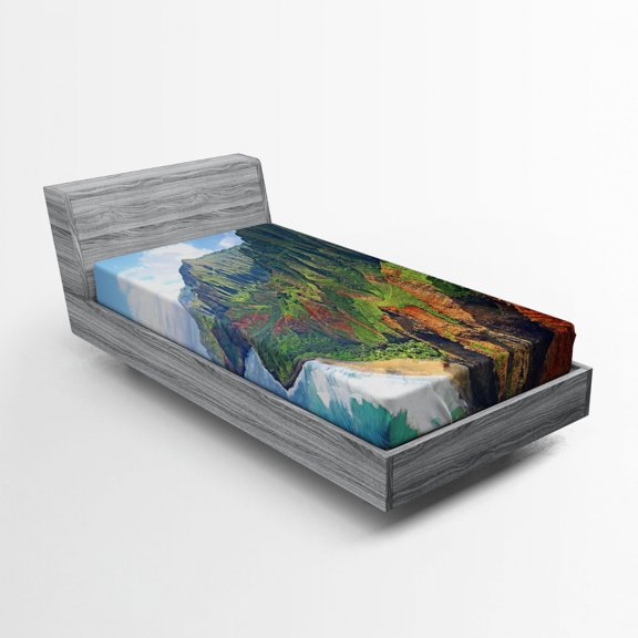 Ambesonne Hawaii Fitted Sheet, Na Pali Coast Kauai Sea, Twin XL Size, Green Redwood Blue