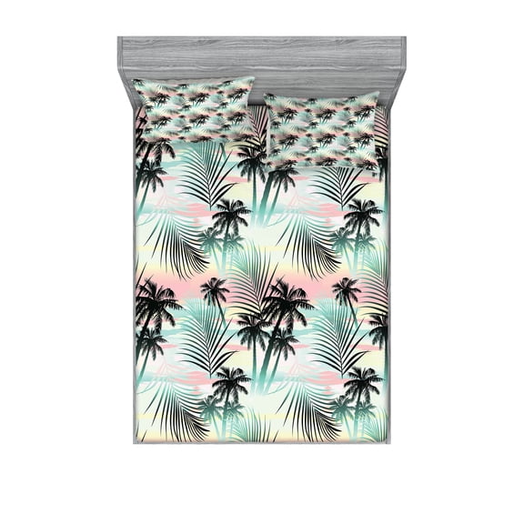 Ambesonne Hawaii Fitted Sheet & Pillow Sham Set, Summer Palm Trees Fern, Full, Multicolor