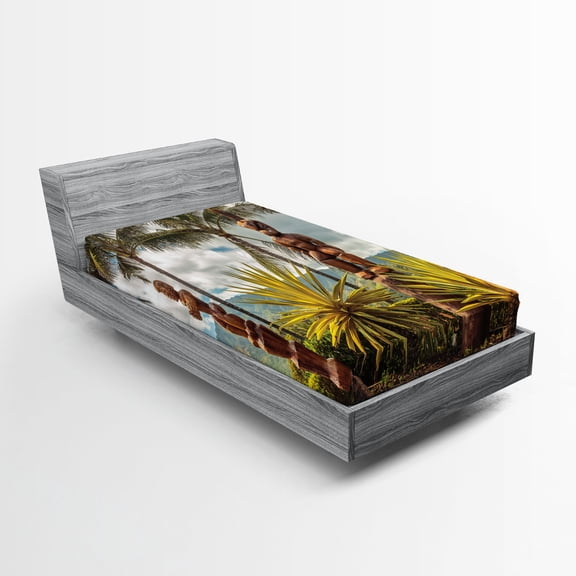 Ambesonne Hawaii Fitted Sheet, Tiki and Palm Trees, Twin Size, Brown Green