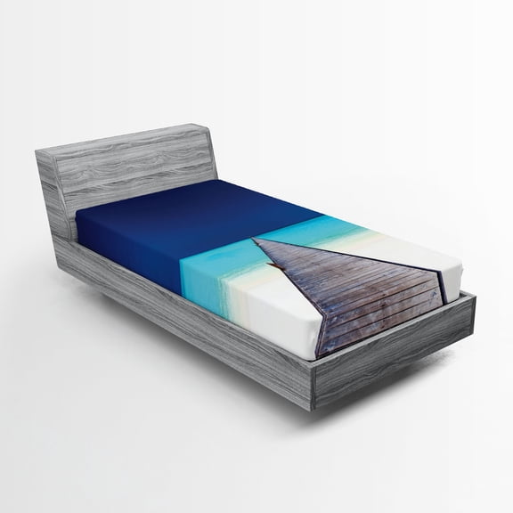 Ambesonne Hawaii Fitted Sheet, Wooden Path into Ocean, Twin Size, Navy Turquoise Cream