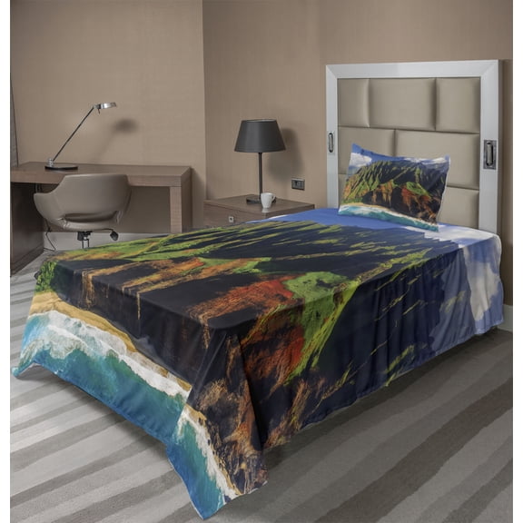 Ambesonne Hawaii Fitted & Top Sheet Set with Sham, Mountain Ocean Clouds, Green Brown