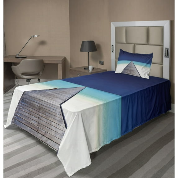 Ambesonne Hawaii Fitted & Top Sheet Set with Sham, Wooden Path into Ocean, Navy Turquoise Cream