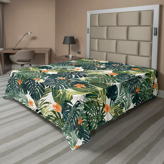 Ambesonne Hawaii Flat Sheet, Colorful Polynesia Plant, King Size, Jade Green Fern Green