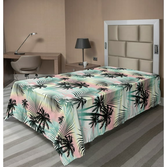 Ambesonne Hawaii Flat Sheet, Summer Palm Trees Fern, TwinXL Size, Multicolor