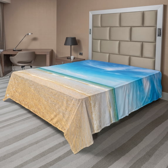 Ambesonne Hawaii Flat Sheet, Tropic Sea Sky Scenery, Full Size, Cream Blue