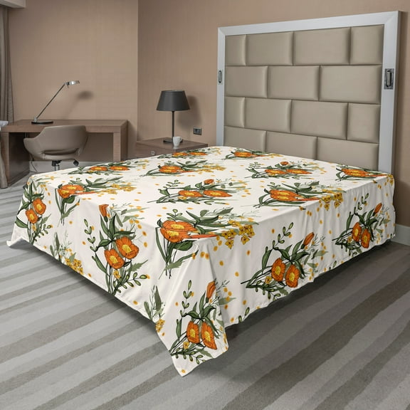 Ambesonne Hawaii Flat Sheet, Vintage California Poppy, California King, Burnt Orange Champagne