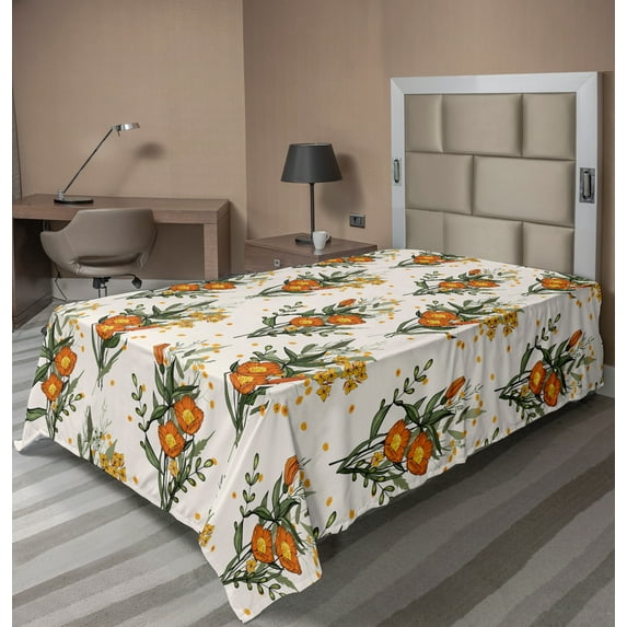 Ambesonne Hawaii Flat Sheet, Vintage California Poppy, Twin Size, Burnt Orange Champagne