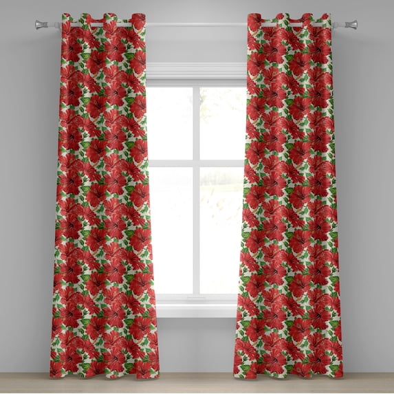 Ambesonne Hawaii Grommet Curtain, Botanic Bouquet Retro, 50" x 96", Beige Fern Green Red