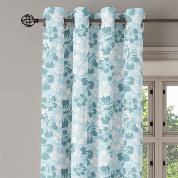 Ambesonne Hawaii Grommet Curtain Single Panel, Faded Flower Silhouettes, 50"x60", Pale Blue Turquoise