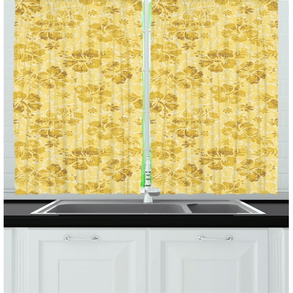 Ambesonne Hawaii Kitchen Curtains, Exotic Hibiscus Flowers, 55"x45", Yellow White