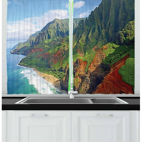 Ambesonne Hawaii Kitchen Curtains, Na Pali Coast Kauai Sea, 55"x45", Green Redwood Blue