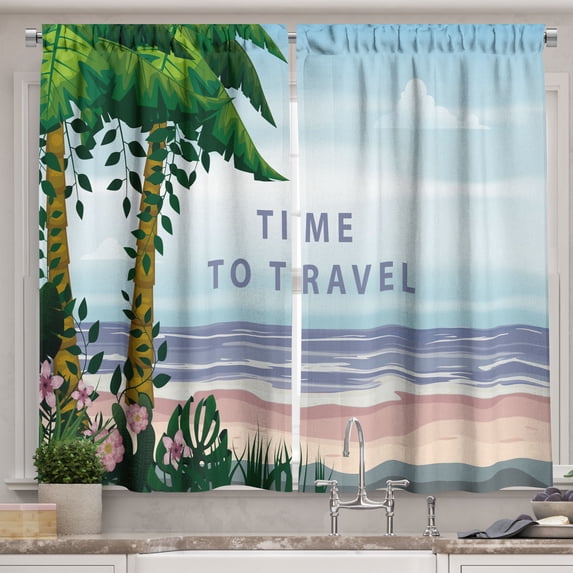 Ambesonne Hawaii Kitchen Curtains, Time To Travel Cartoon Art, 55"x36", Soft Blue Fern Green