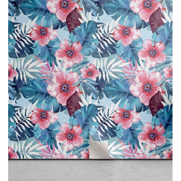 Ambesonne Hawaii Peel & Stick Wallpaper for Home, Art Aquarelle Floral Scene, 13"x72", Blush Sea Blue White