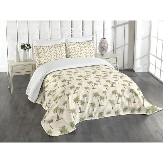 Ambesonne Hawaii Quilted Bedspread Set 2 Pcs, Simplistic Palms Pattern, Twin Size, Cream Cocoa and Khaki
