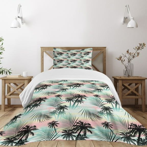 Ambesonne Hawaii Quilted Bedspread Set 2 Pcs, Summer Palm Trees Fern, Twin Size, Multicolor