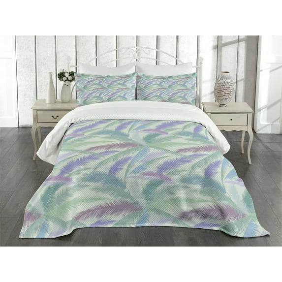 Ambesonne Hawaii Quilted Bedspread Set 3 Pcs, Abstract Tropic Leaves, Queen Size, Multicolor