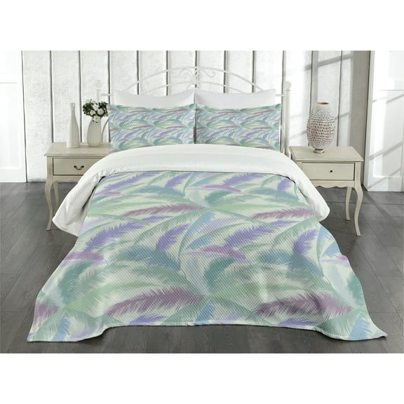 Ambesonne Hawaii Quilted Bedspread Set 3 Pcs, Abstract Tropic Leaves, Queen Size, Multicolor