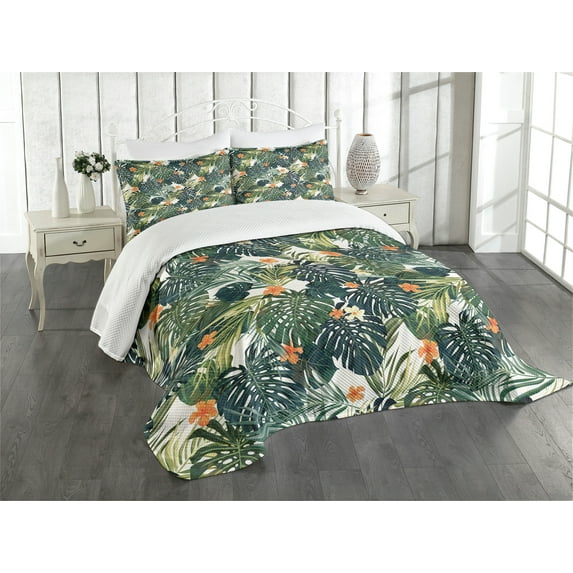 Ambesonne Hawaii Quilted Bedspread Set 3 Pcs, Colorful Polynesia Plant, Queen Size, Jade Green Fern Green