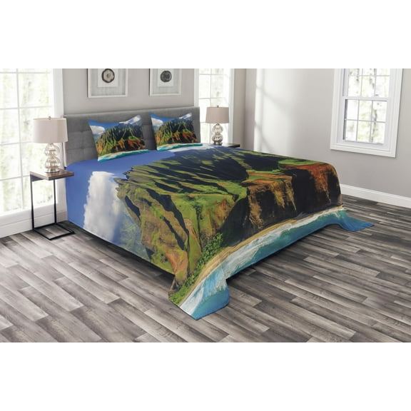 Ambesonne Hawaii Quilted Bedspread Set 3 Pcs, Mountain Ocean Clouds, Queen Size, Green Brown