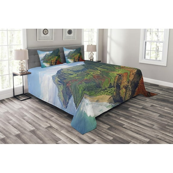 Ambesonne Hawaii Quilted Bedspread Set 3 Pcs, Na Pali Coast Kauai Sea, Queen Size, Green Redwood Blue