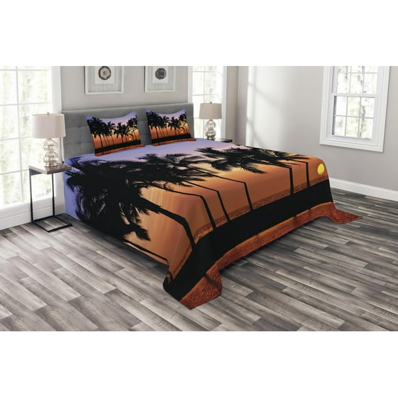 Ambesonne Hawaii Quilted Bedspread Set 3 Pcs, Sunset on Big Island, King Size, Lilac Dark Orange Black