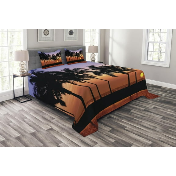 Ambesonne Hawaii Quilted Bedspread Set 3 Pcs, Sunset on Big Island, Queen Size, Lilac Dark Orange Black