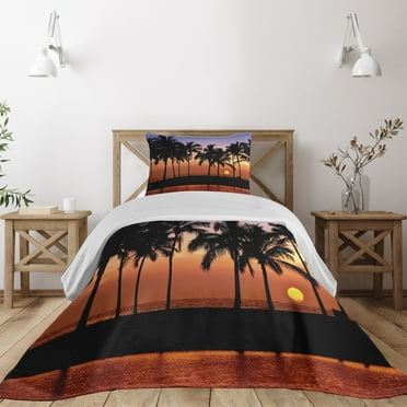 Ambesonne Hawaii Quilted Coverlet 2 Pcs, Sunset on Big Island, Twin Size, Lilac Dark Orange Black