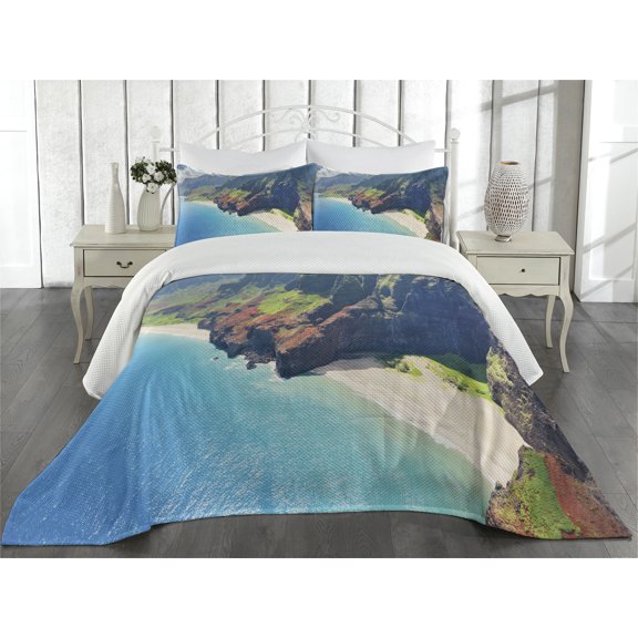 Ambesonne Hawaii Quilted Coverlet 3 Pcs, Na Pali Coast Island, Queen Size, Blue Green Brown