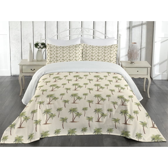 Ambesonne Hawaii Quilted Coverlet 3 Pcs, Simplistic Palms Pattern, Queen Size, Cream Cocoa and Khaki