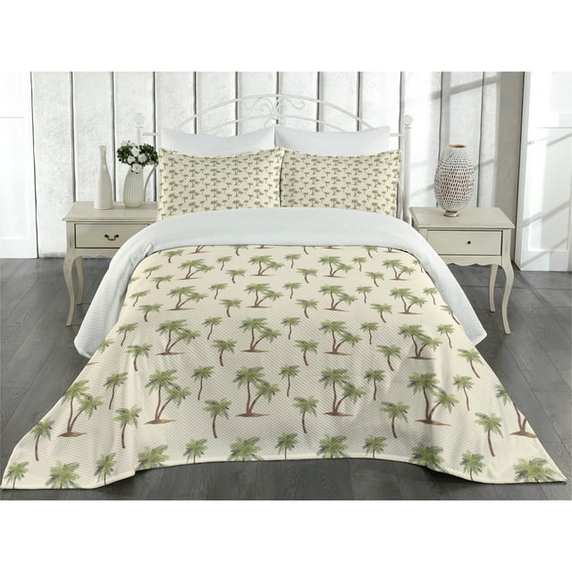 Ambesonne Hawaii Quilted Coverlet 3 Pcs, Simplistic Palms Pattern, Queen Size, Cream Cocoa and Khaki