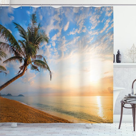 Ambesonne Hawaii Shower Curtain, Exotic Sandy Beach Palm Tree, 69"Wx70"L, Multicolor