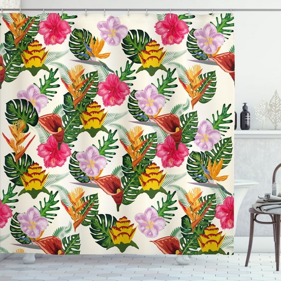 Ambesonne Hawaii Shower Curtain, Monstera Leaves Flowers Art, 69"Wx70"L, Hot Pink and Olive Green
