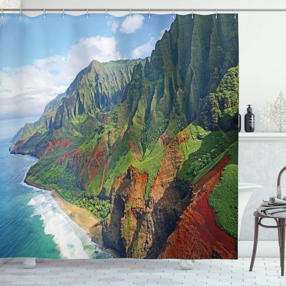 Ambesonne Hawaii Shower Curtain, Na Pali Coast Kauai Sea, 69"Wx70"L, Green Redwood Blue