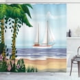 thumbnail image 1 of Ambesonne Hawaii Shower Curtain, Sailing Yacht Palm Trees Art, 69"Wx75"L, Hunter Green and Ceil Blue, 1 of 4