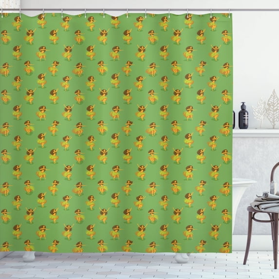 Ambesonne Hawaii Shower Curtain, Traditional Dancing Ladies, 69"Wx84"L, Chocolate Green and Orange