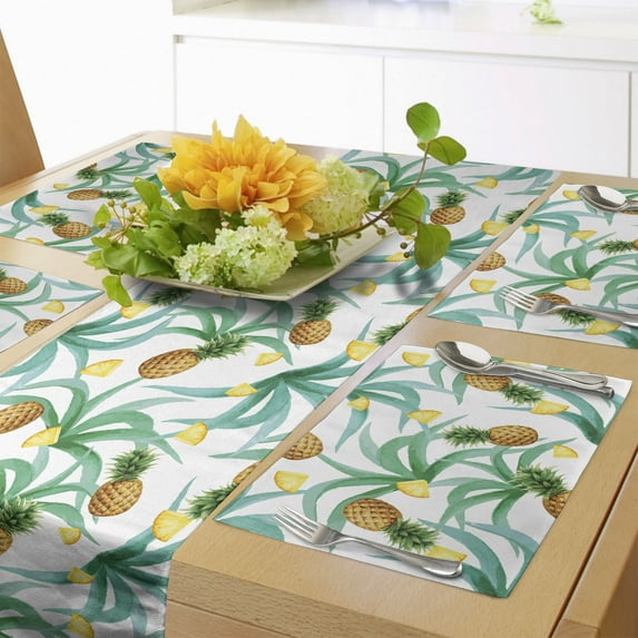 Ambesonne Hawaii Table Runner & Placemats, Botany Inspired Fruits, Placemat 4 pcs + Runner 14"x90", Jade Green Marigold