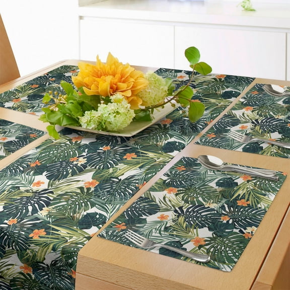 Ambesonne Floral Table Runner & Placemats, Botanic Tropic Leaves, Placemat 4 pcs + Runner 12"x72", Green and White