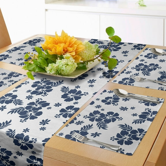 Ambesonne Hawaii Table Runner & Placemats, Monochrome Flower Art, Placemat 4 pcs + Runner 12"x72", Navy Blue White