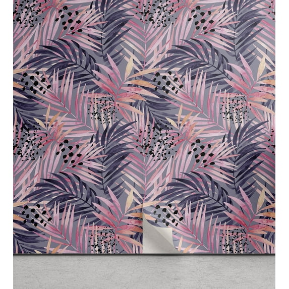 Ambesonne Hawaii Themed Peel & Stick Wallpaper for Home, Neutral Leaves Spots, 13"x72", Soft Pink Eggplant Coral