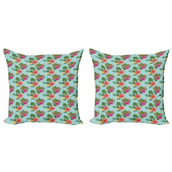 Ambesonne Hawaii Throw Pillow Cover 2 Pack, Blooming Hibiscuses, 18", Multicolor