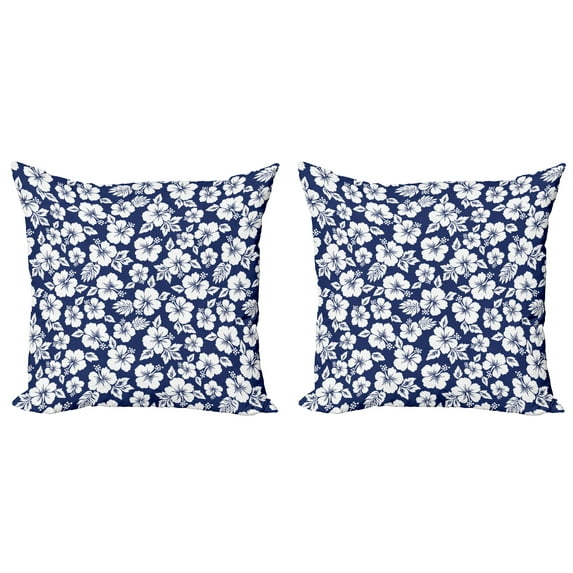 Ambesonne Hawaii Throw Pillow Cover 2 Pack, Flowering Hibiscuses, 18", Navy Blue White