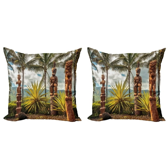 Ambesonne Hawaii Throw Pillow Cover 2 Pack, Tiki and Palm Trees, 18", Brown Green