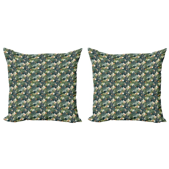 Ambesonne Hawaii Throw Pillow Cover 2 Pack, Tropical Composition Foliage, 20", Green Orange
