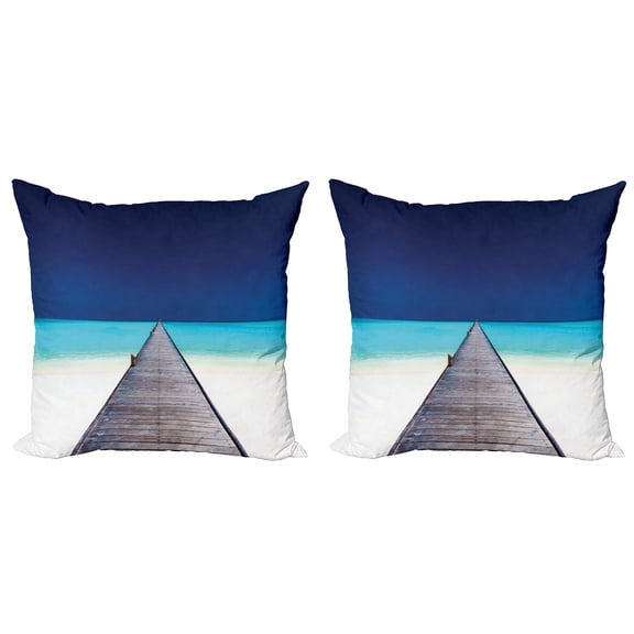 Ambesonne Hawaii Throw Pillow Cover 2 Pack, Wooden Path into Ocean, 24", Navy Turquoise Cream