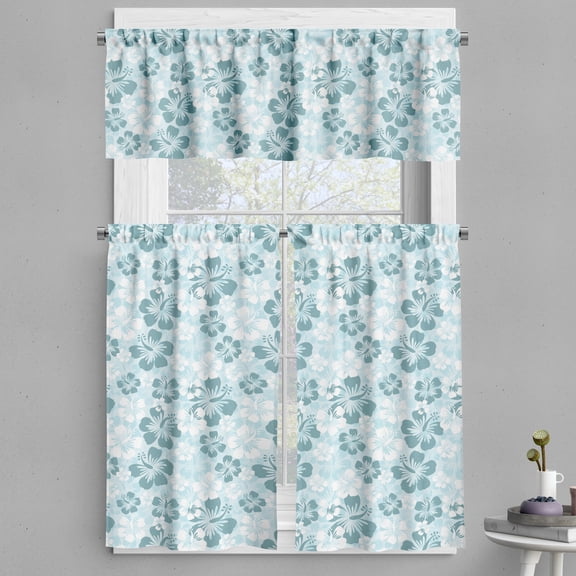 Ambesonne Hawaii Valance & Curtain, Faded Flower Silhouettes, 55"x30", Pale Blue Turquoise