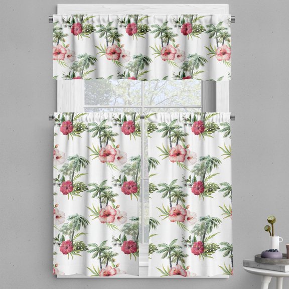 Ambesonne Hawaii Valance & Curtain, Palm Trees Hibiscus, 55"x24", Reseda Green Pale Pink