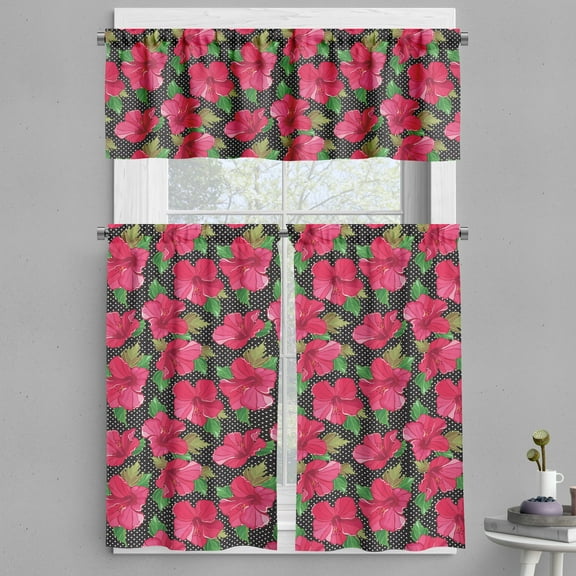 Ambesonne Hawaii Valance & Curtain, Polka Dots Hibiscus, 55"x36", Magenta Fern Green Black